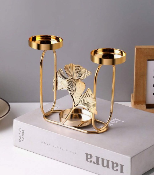 Gold Ginkgo Leaf Double Candle Holder