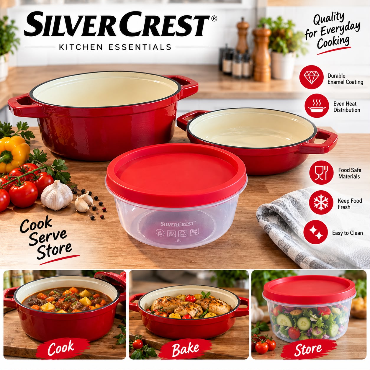 SilverCrest Enamel Cookware Set with Food Storage Container – 3 Pieces
